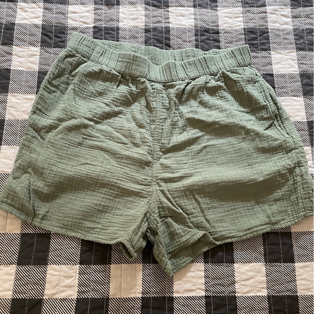 Soft army green lounge shorts, size S